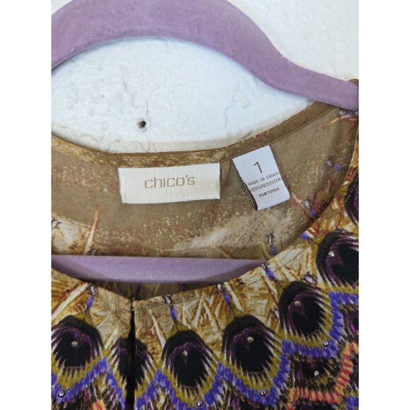 Chicos Top Women Size 1 Studded T-Shirt Cinched Waist Top Ket Hole - Picture 2 of 5